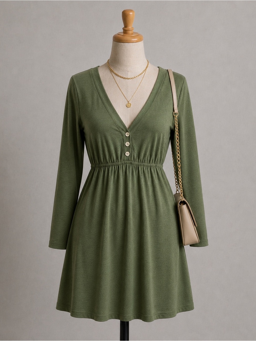 🍒3/33$ Vintage Forever 21 Olive Green V-neck Empire Waist Dress